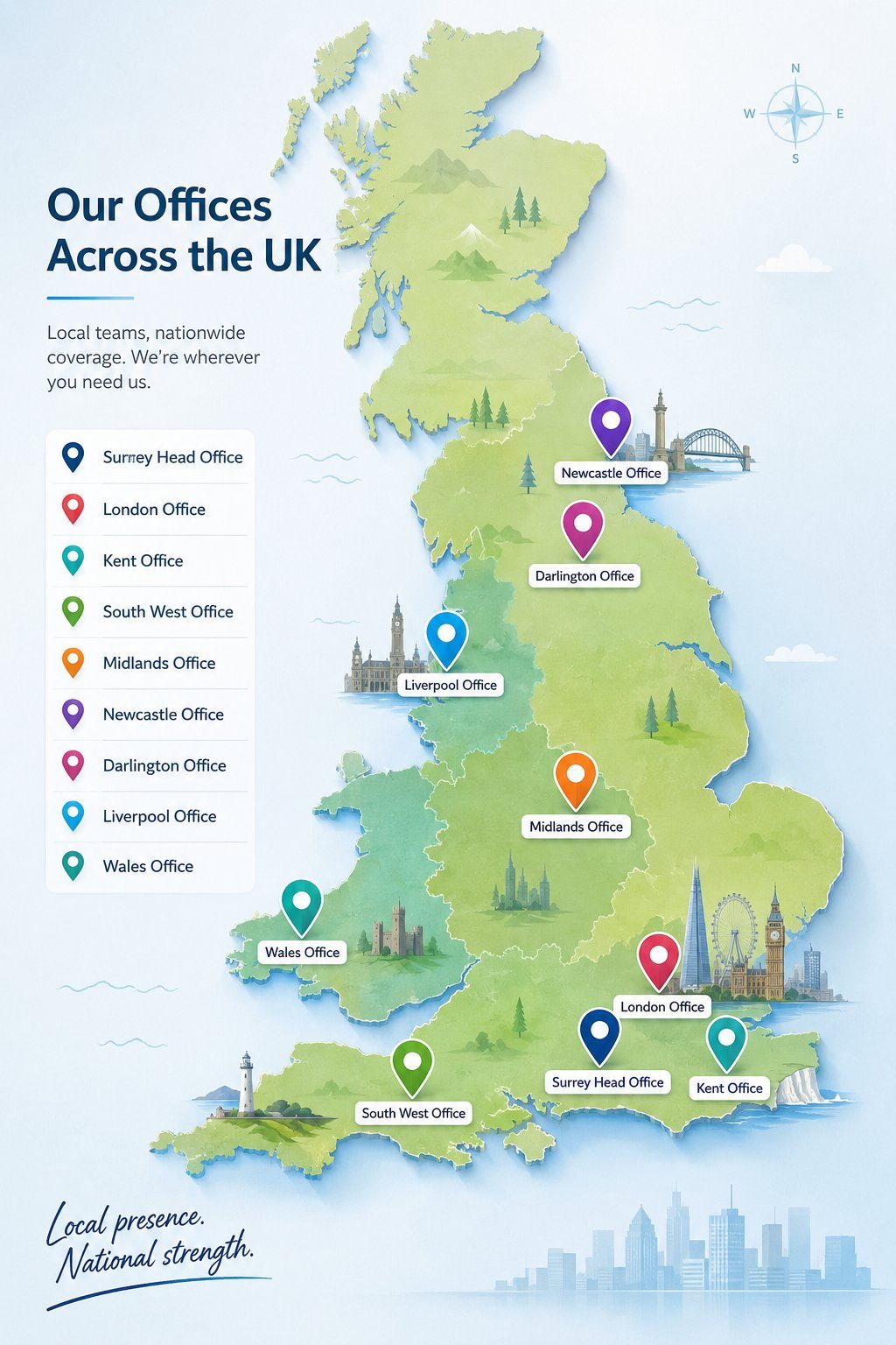 Our Offices Across the UK — map showing nine office locations